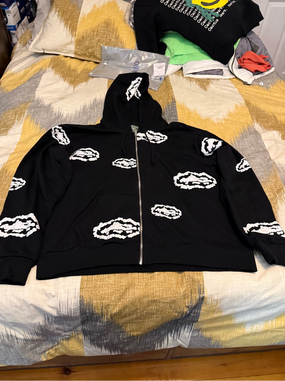 Denim Tears Coteiz Black Zip-Up Varsity Hoodie with White Cloud Size XL